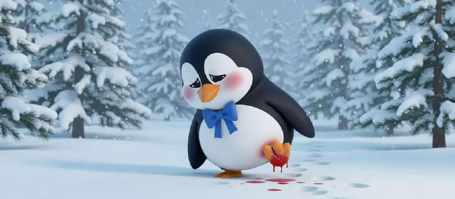 Un pingüino pequeño con lazo azul camina cojeando por la nieve entre abetos nevados, dejando huellas rojas