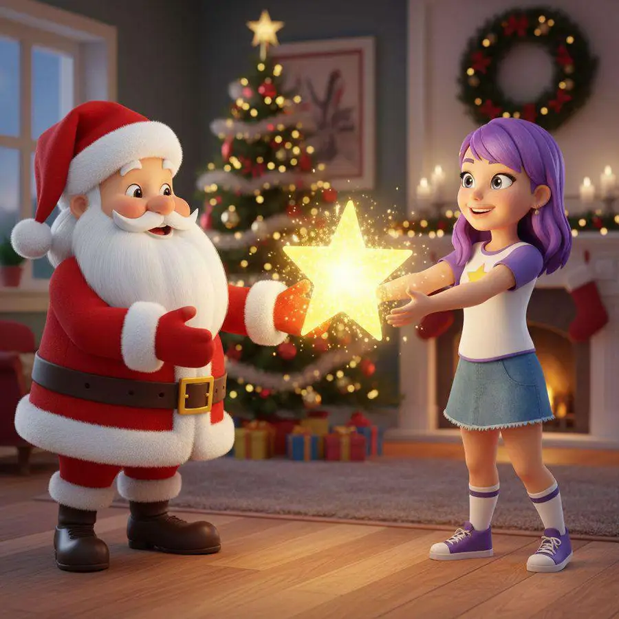 Santa Claus entrega una estrella dorada brillante a una niña junto a un árbol de Navidad iluminado y una chimenea