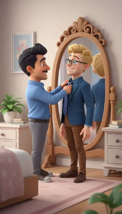 Un amigo ajusta la corbata a Álvaro delante del espejo de una habitación, los dos vestidos de traje