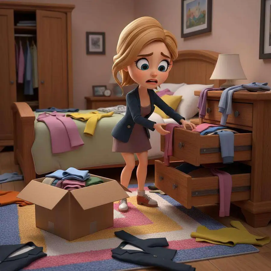 Laura, con cara de apuro, rebusca en los cajones de una cómoda con la ropa esparcida por la cama y el suelo