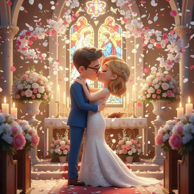 Laura y Álvaro se besan ante el altar de la iglesia, entre flores, velas y una lluvia de pétalos