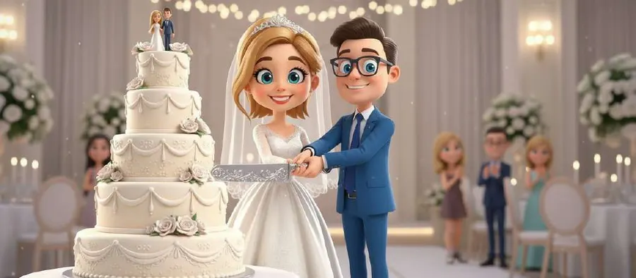 Laura y Álvaro cortan juntos la tarta de bodas de varios pisos, rodeados de invitados