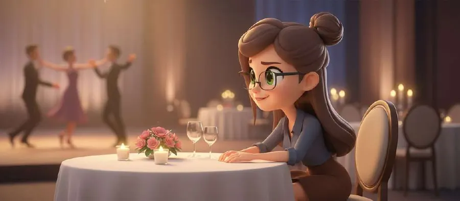 Una invitada observa desde una mesa con velas y flores mientras al fondo bailan los novios y sus amigos