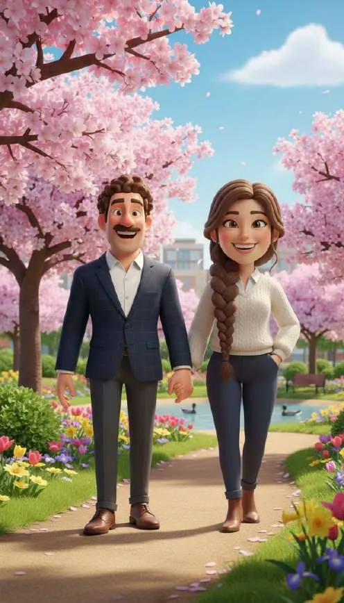 Raúl y Aurora pasean de la mano por un parque bajo los cerezos en flor