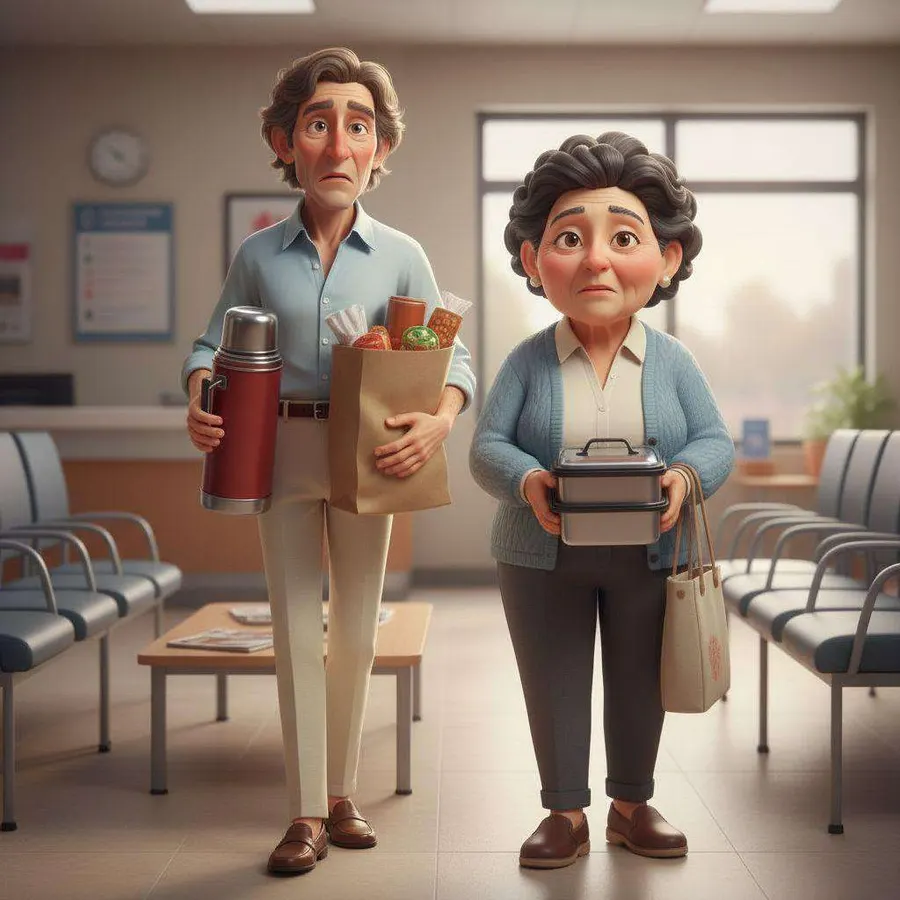 Ricardo y Ana llegan a la sala de espera del hospital cargados con un termo y una bolsa de bocadillos