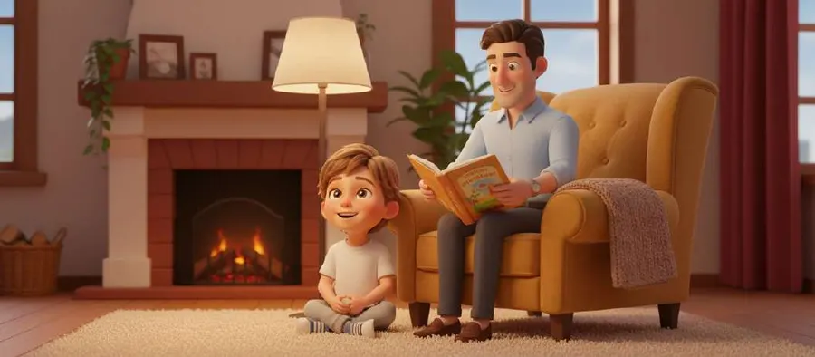 Luis, sentado en la alfombra junto a la chimenea, escucha a su padre leer un cuento en el sillón