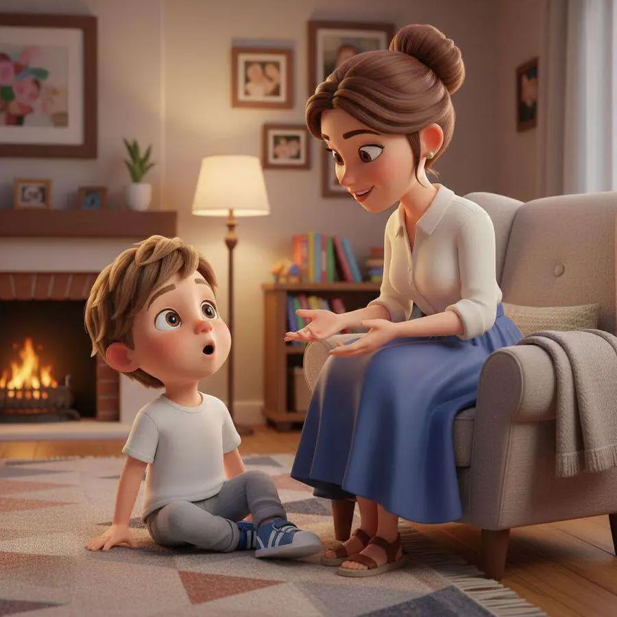 Mamá, sentada en un sillón, le habla con cariño a Luis, que la escucha sorprendido desde el suelo
