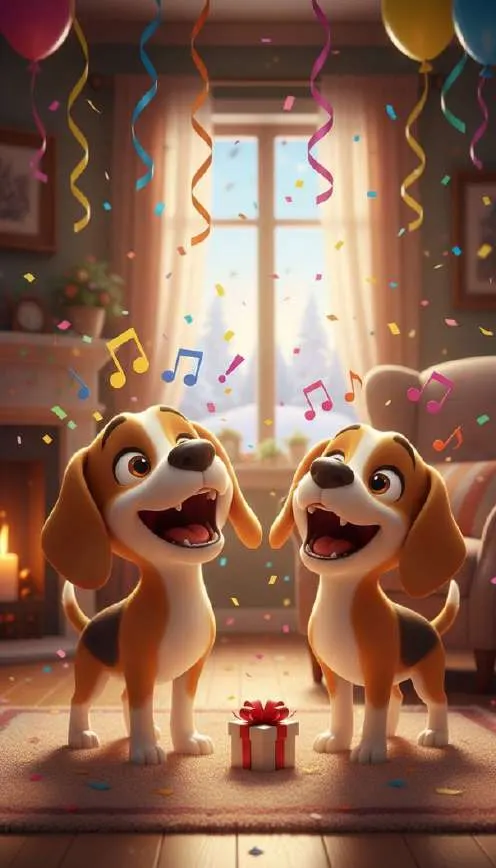 Piko y Nala, dos beagles, ladran contentos en el salón entre globos, serpentinas y confeti