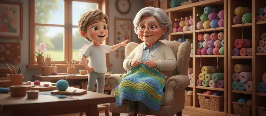 Luis señala los ovillos de colores mientras la abuela teje una manta en su sillón