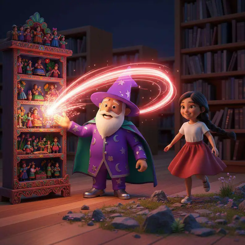 Un mago con capa morada traza un círculo de luz roja junto a un retablo de madera lleno de figuritas pintadas mientras una niña se acerca corriendo