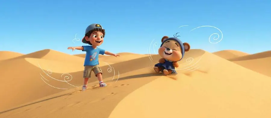 Un niño con los brazos abiertos se deja empujar por el viento en lo alto de una duna dorada mientras una osita rueda a su lado
