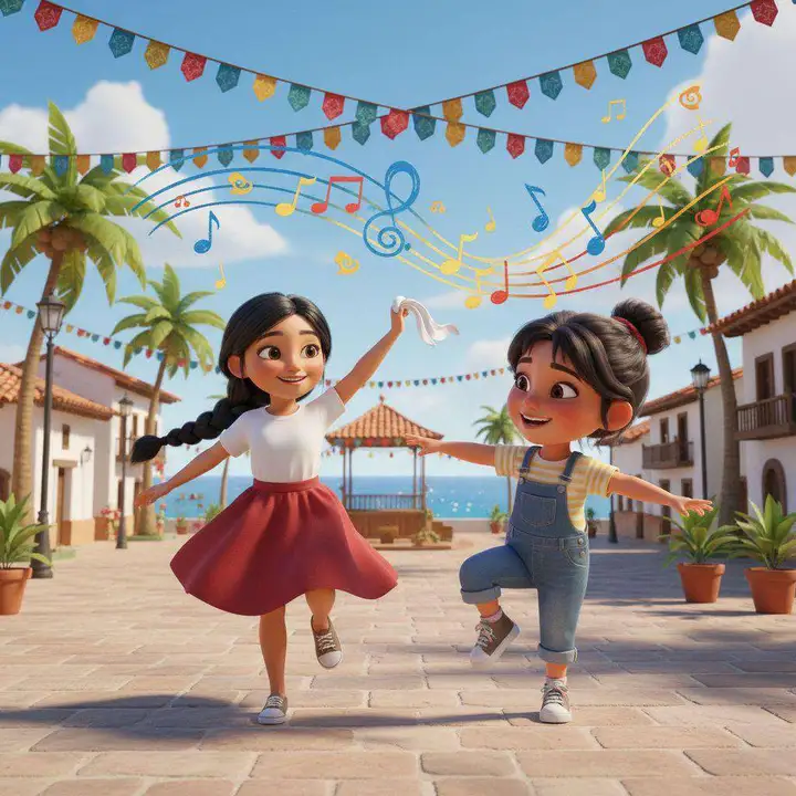 Dos niñas bailan marinera con un pañuelo blanco en alto en una plaza costera adornada con banderines, con notas musicales dibujadas en el aire