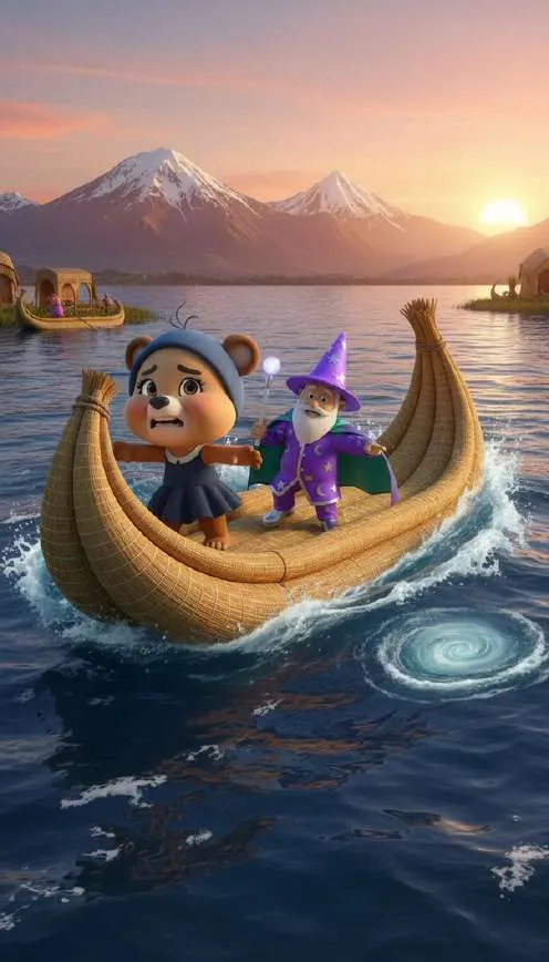 Una osita y el mago navegan en una barca de totora sobre el lago Titicaca al atardecer, con un remolino girando en el agua y los nevados al fondo
