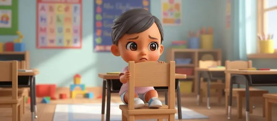 Jimena se esconde detrás de una sillita de madera en el aula vacía de la guardería, con cara de preocupación