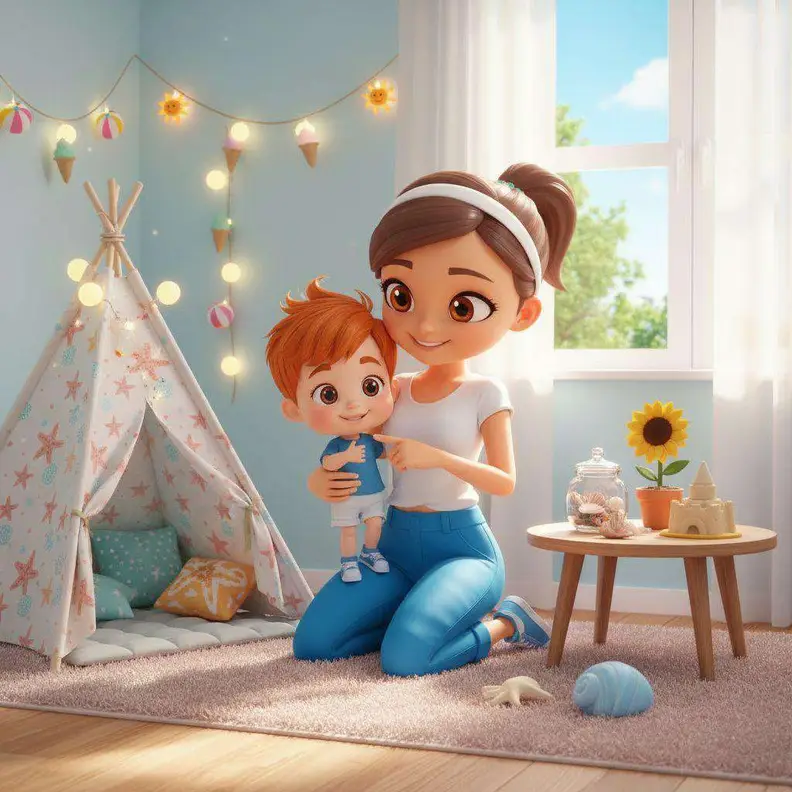 La Señorita Paula, agachada junto a un niño pelirrojo, le enseña un rincón con una tienda de tela, cojines y luces encendidas