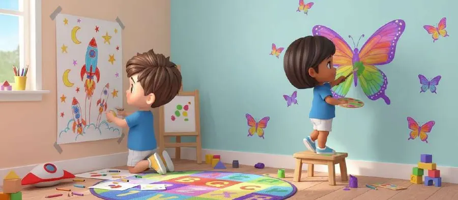 Dos niños pintan cohetes y mariposas de colores en la pared del rincón, uno de ellos subido a un taburete