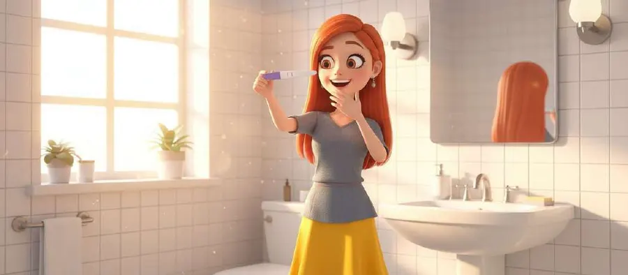 Sara mira el test de embarazo en el baño, con la mano en la boca por la sorpresa