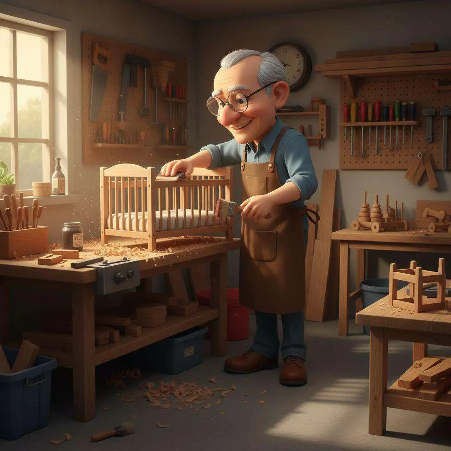 José lija una cuna de madera en su taller, rodeado de herramientas y juguetes a medio hacer