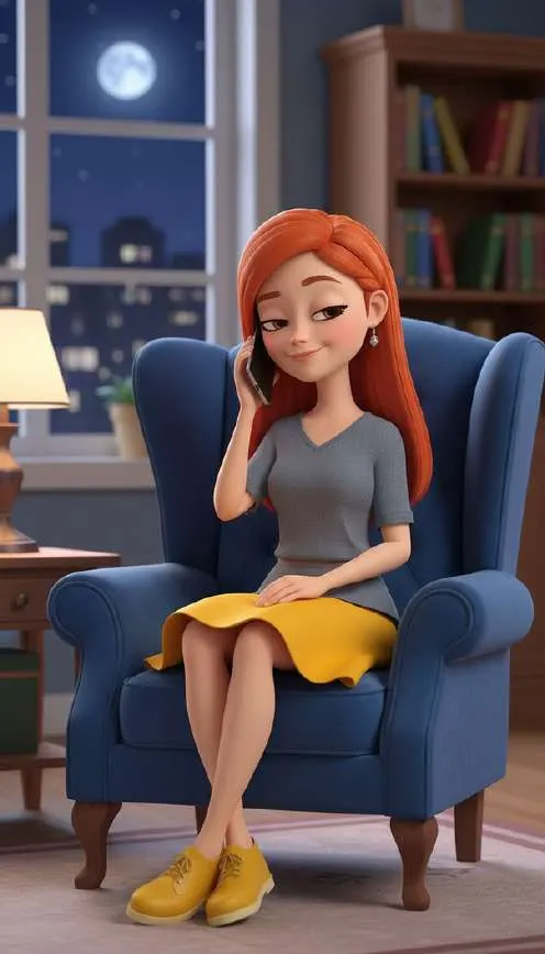 Sara habla por teléfono sentada en el sillón azul, de noche, junto a la ventana