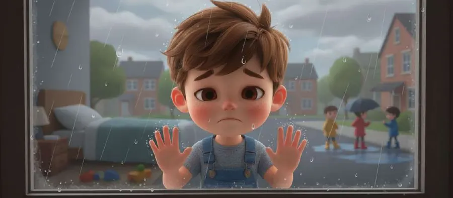 Tom apoya las manos en la ventana lluviosa y mira a los niños que juegan fuera con paraguas