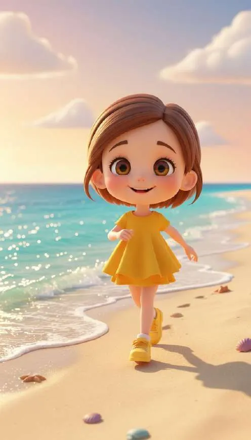 Marcela camina descalza por la orilla de la playa al atardecer, con su vestido amarillo