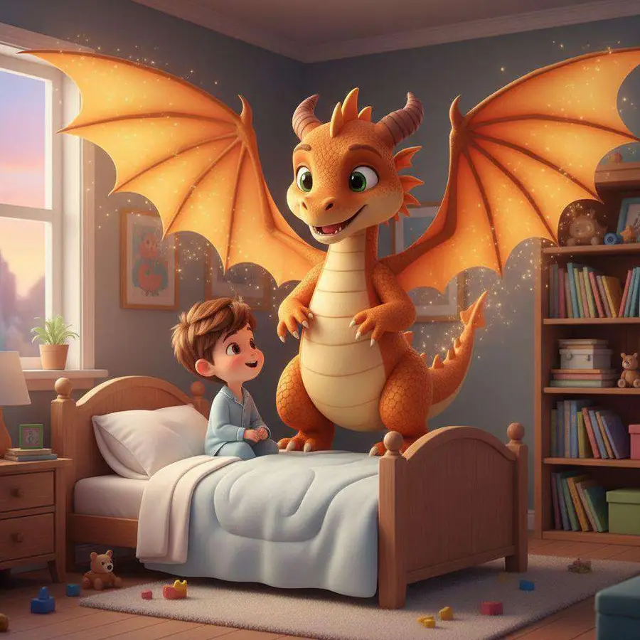Flami, un dragón naranja de alas doradas, aparece junto a la cama de Tom en su habitación