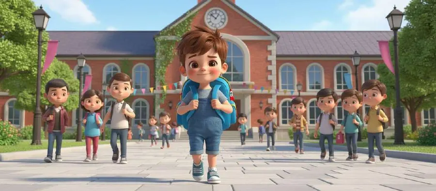 Tom llega al colegio con la mochila nueva entre un montón de niños en el patio