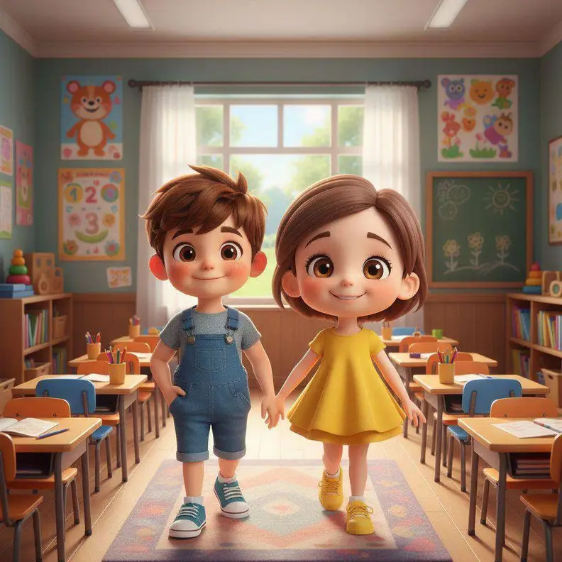 Tom y Marcela entran de la mano al aula, con los pupitres preparados y el sol entrando por la ventana