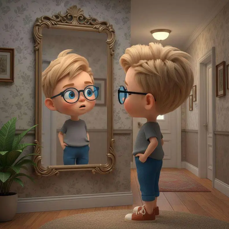 Juan se mira de perfil en el espejo grande del pasillo con sus gafas nuevas puestas