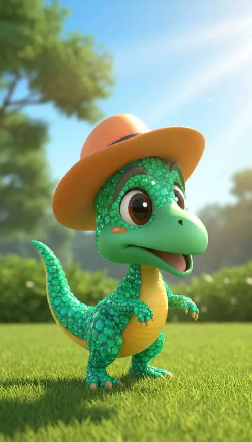 Velzor, un dinosaurio verde con sombrero de ala ancha, sonríe de pie sobre la hierba