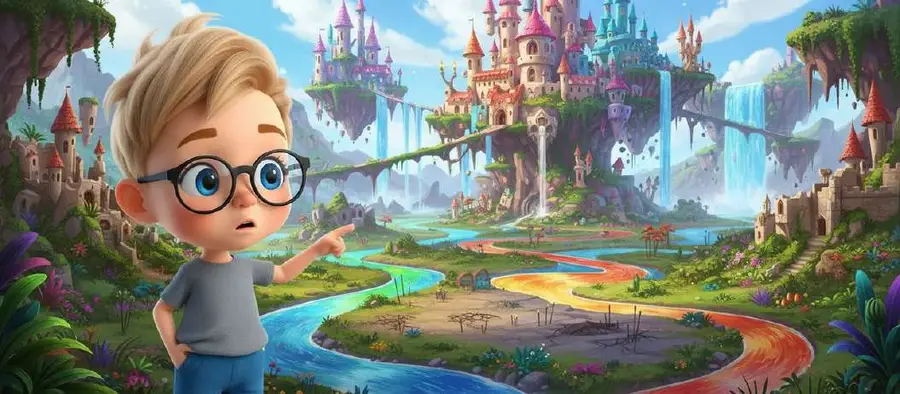 Juan señala con la boca abierta un paisaje de castillos flotantes, cascadas y ríos de colores