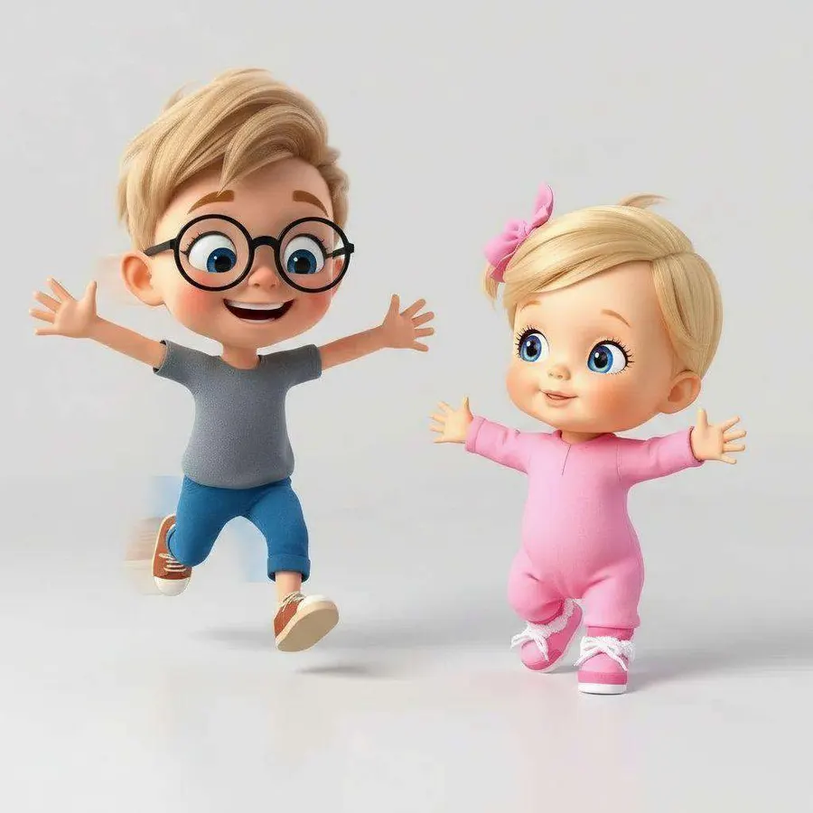 Juan y su hermana pequeña saltan con los brazos abiertos, él con sus gafas redondas puestas