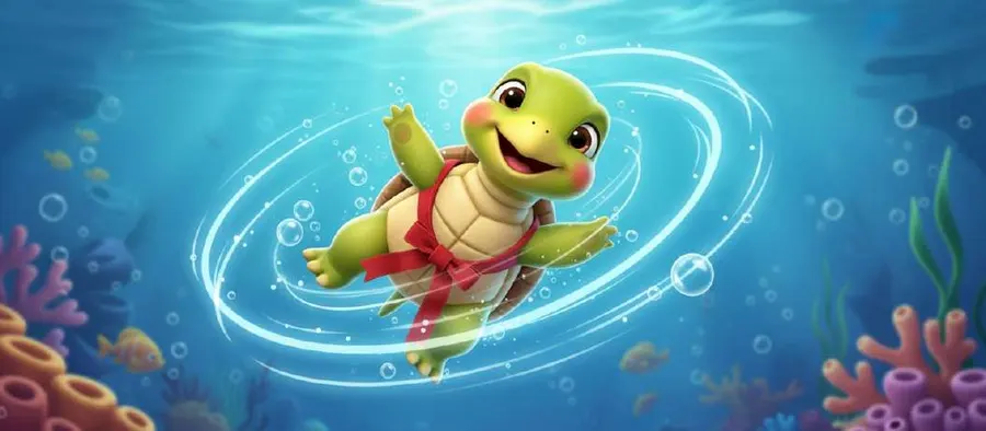 Una tortuga joven nada en círculos por un estanque tranquilo rodeado de plantas