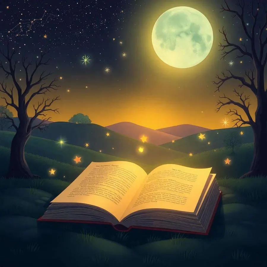Un libro antiguo abierto brilla en mitad de un bosque nocturno bajo la luna