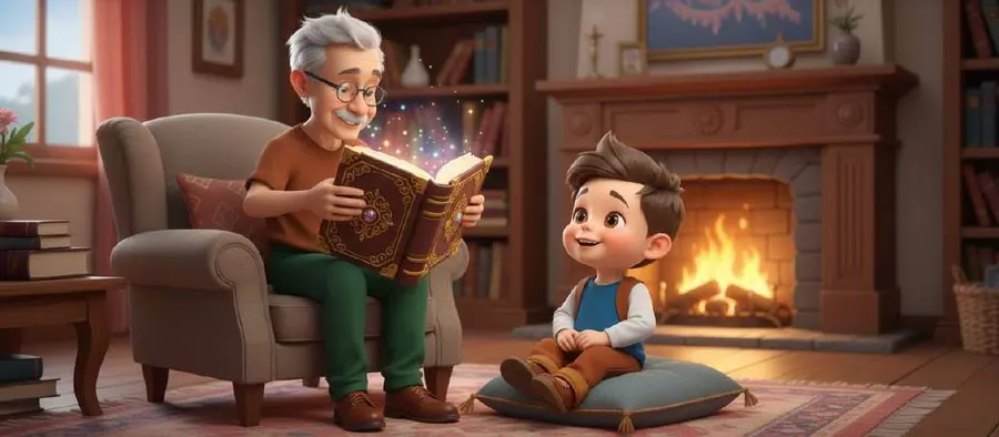 Un abuelo lee en un sillón un libro del que salen destellos mágicos, mientras un niño lo escucha sentado junto a la chimenea