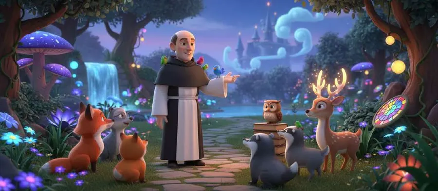 Un fraile habla con animales del bosque —zorros, un búho, ciervos— en un claro iluminado con setas y flores brillantes