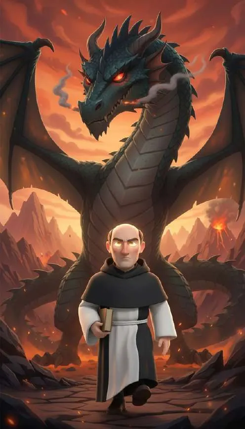 Un fraile con un libro bajo el brazo camina sin miedo hacia el espectador mientras un dragón enorme despliega las alas detrás de él