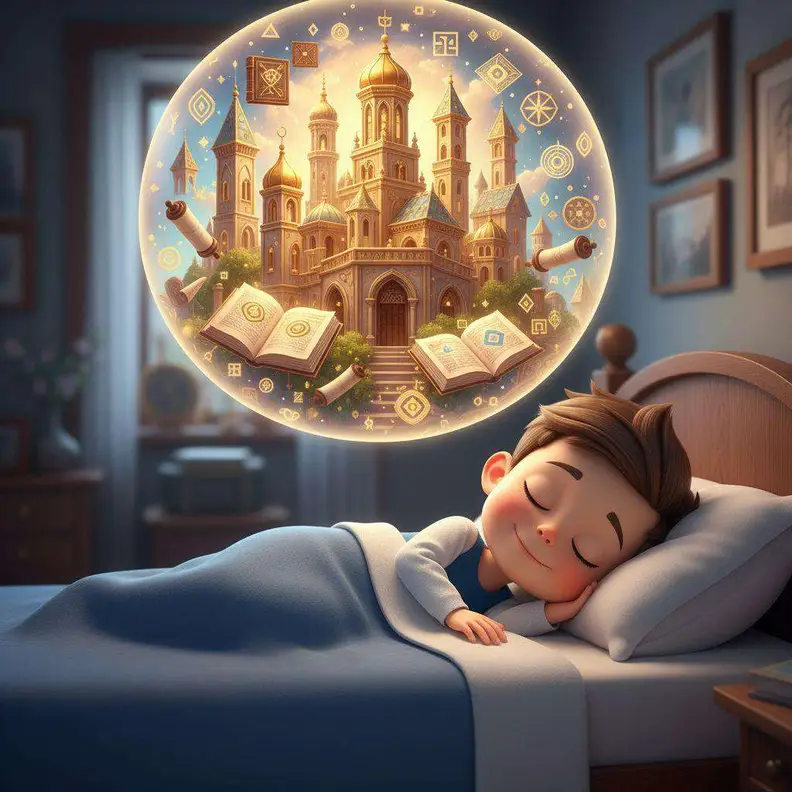 Un niño duerme sonriente en su cama mientras sobre él flota una esfera luminosa con una ciudad dorada, libros y pergaminos