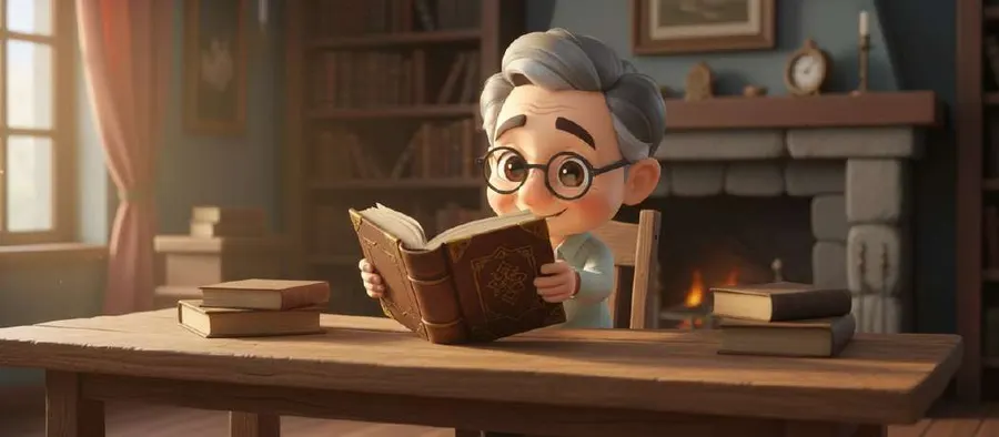 Un abuelo con gafas lee un libro antiguo de tapas grabadas junto a una chimenea encendida en un salón en penumbra