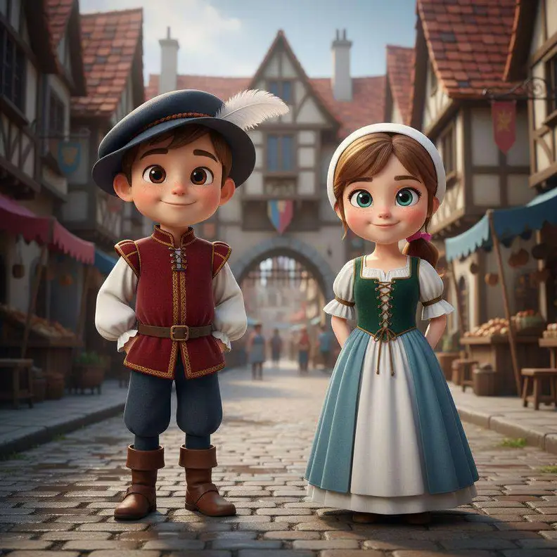 Un niño y una niña vestidos con ropas del siglo XVI posan en una calle empedrada de casas de entramado de madera
