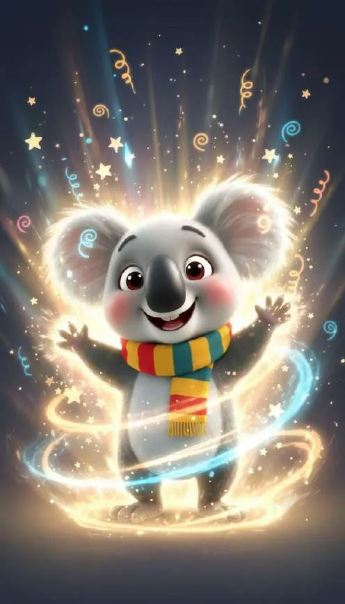 Un koala con bufanda de colores brilla rodeado de destellos dorados y estrellas mientras extiende los brazos
