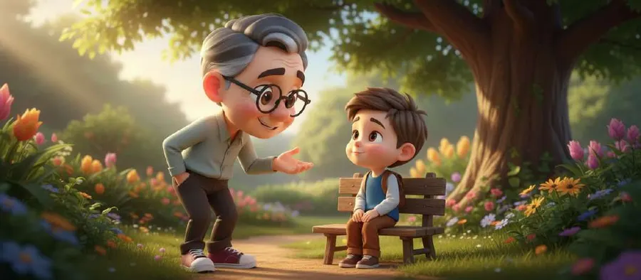 Un abuelo con gafas habla con un niño sentado en un banco de un jardín lleno de flores, junto a un árbol grande
