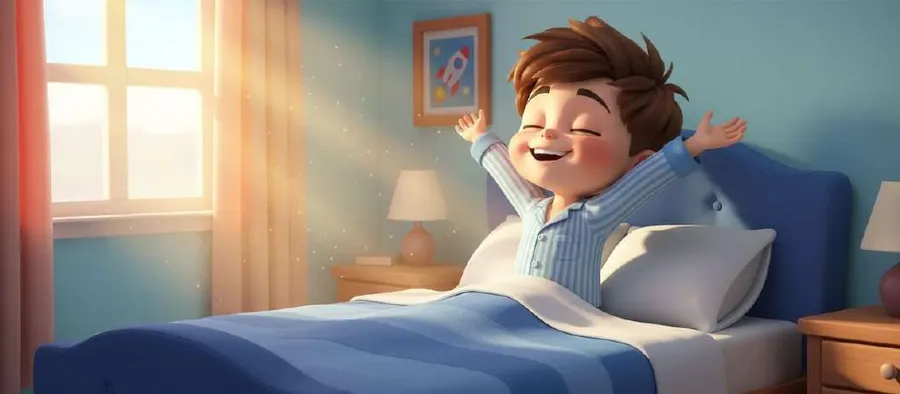 Un niño se despereza sonriente en su cama mientras el sol de la mañana entra por la ventana de su habitación