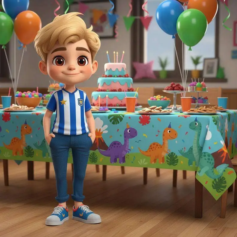 Un niño con camiseta de fútbol posa ante una mesa con mantel de dinosaurios, tarta, dulces y globos de colores