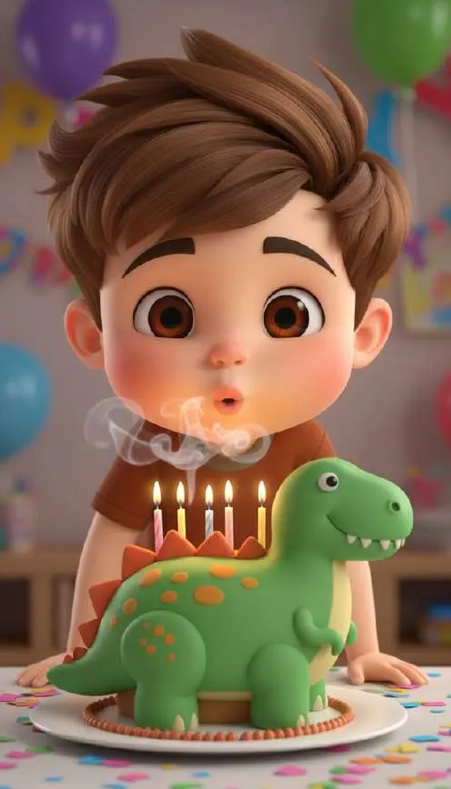 Un niño sopla las velas de una tarta con forma de dinosaurio verde entre globos y guirnaldas
