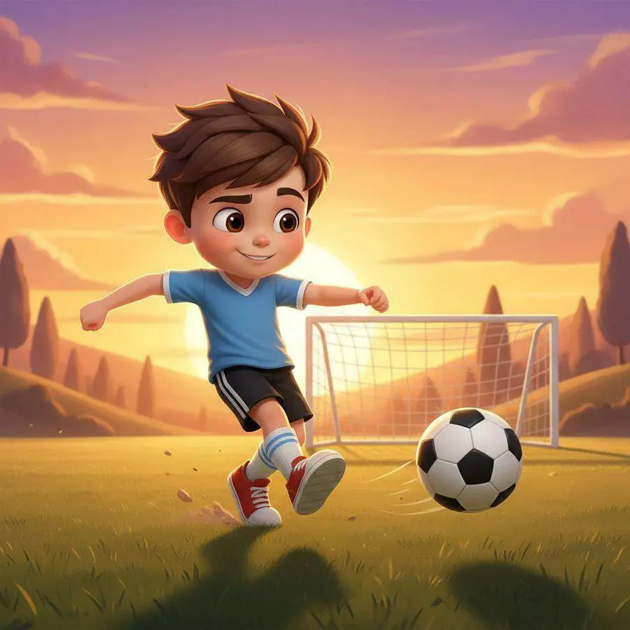 Un niño con camiseta azul chuta un balón de fútbol en un campo de hierba ante una portería, al atardecer