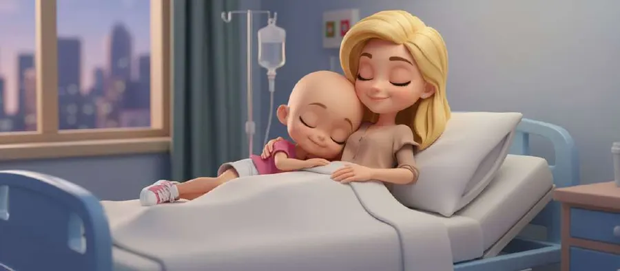 Una niña sin pelo se acurruca abrazada a su madre en una cama de hospital, con la ciudad al otro lado de la ventana