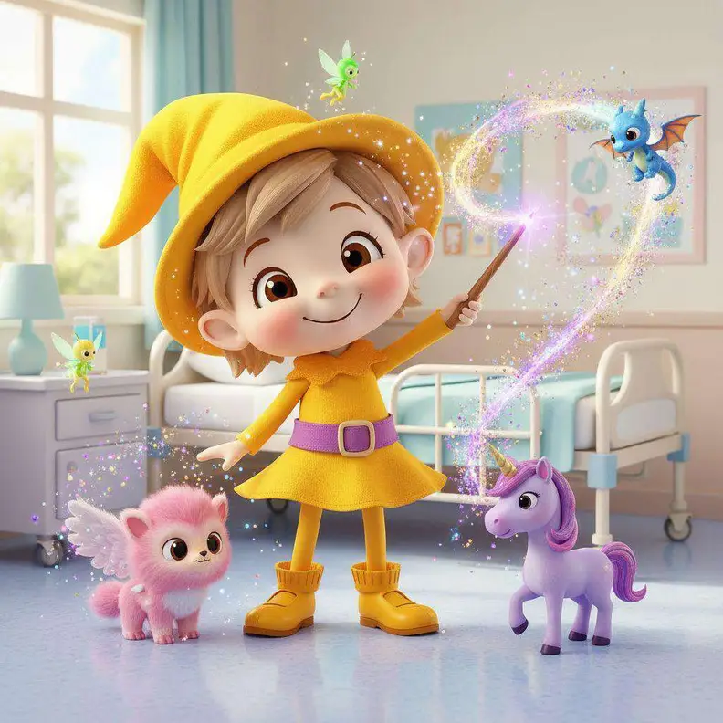 Una figura con gorro amarillo agita una varita en una habitación de hospital, acompañada de un unicornio morado y una criatura rosa