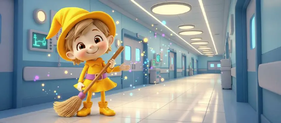 Una figura con gorro amarillo y escoba avanza por un pasillo de hospital iluminado, dejando un rastro de chispas de colores