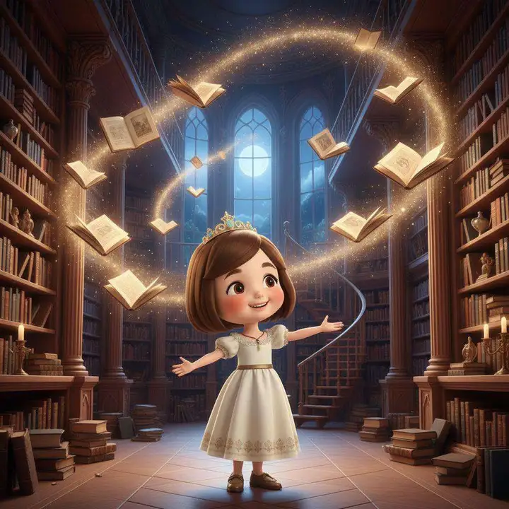 Una niña con corona y vestido blanco extiende los brazos en una biblioteca enorme mientras los libros vuelan a su alrededor